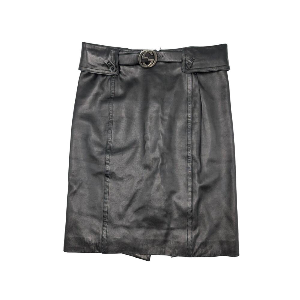 Gucci Black Leather Interlocking GG Belt Knee Length Skirt Size 38 Tom Ford